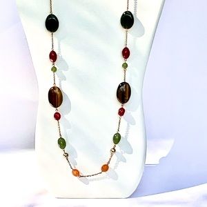 Chaps Ralph Lauren tiger eye and orange, green color beads and gold tone chain